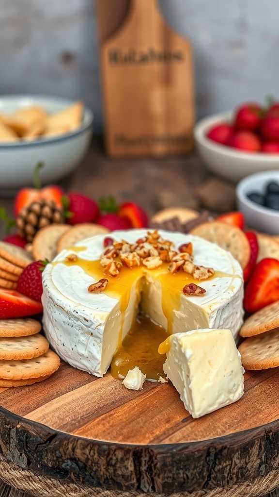 Baked brie topped with honey and nuts on a wooden board with fruit and crackers.